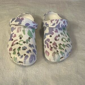 CROCS Kids White Slip-On Clogs with Pastel Purple & Green Print